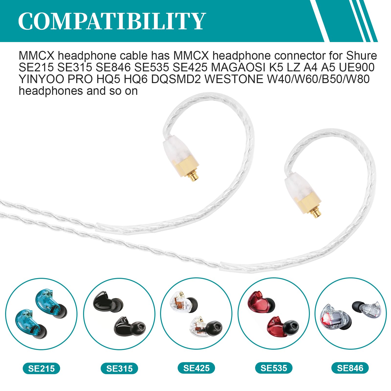 Zosvoses SE215 Cable Compatible with SE215, SE315, SE425, SE535, AONIC 3, AONIC 4 Earphones, MMCX Earphone Cable Compatible with WESTONE W40, W50, B60, W80, 4ft