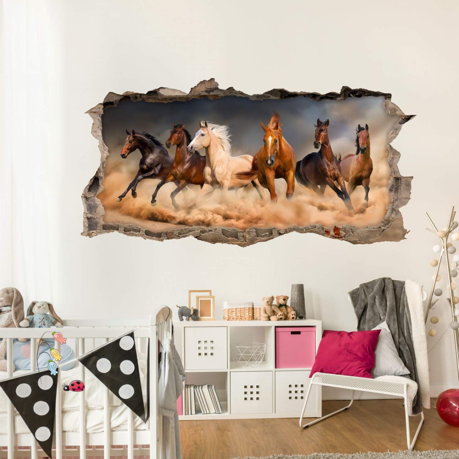 180 Wandtattoo Pferde - Loch in der Wand - Kinderzimmer Wandbild Deko Aufkleber Sticker Mädchen Pony reiten Pferd - Größe 1750 x 880 mm