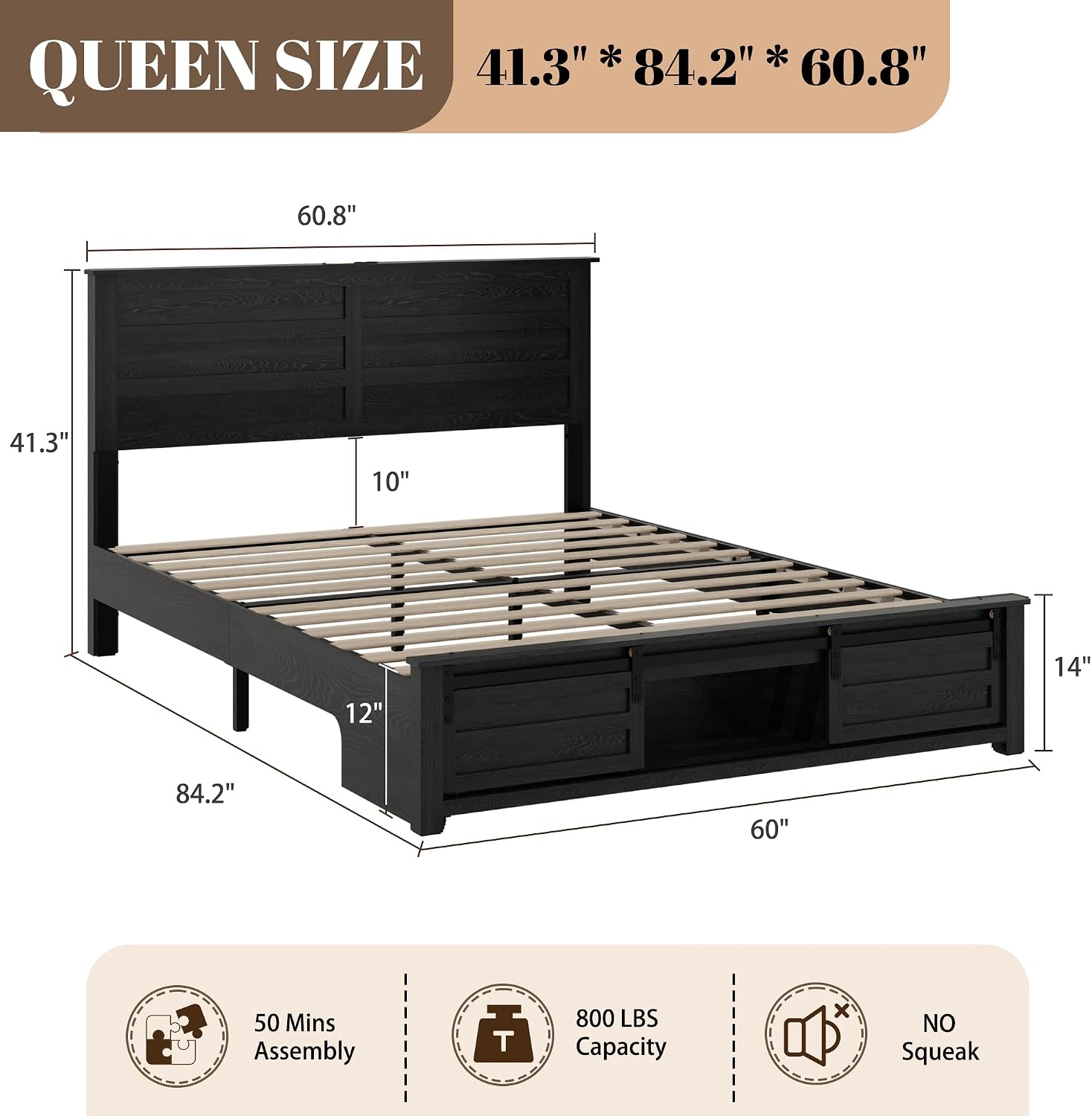 Diagram showing the dimensions of the Queen size bed frame and assembly time, capacity, and noise features