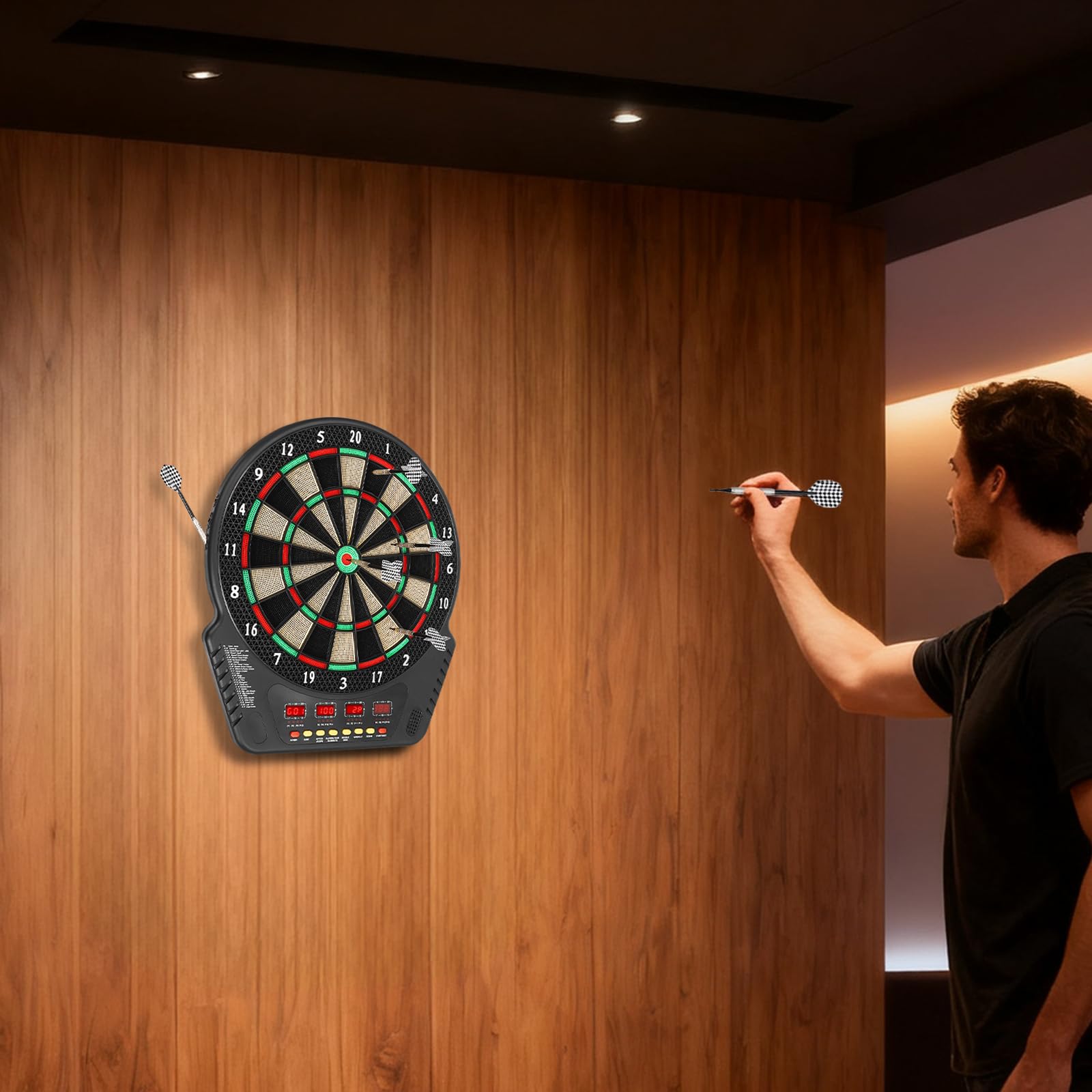 Elektronische Dartscheibe mit 6 Dartpfeilen und 27 Spielarten, automatischer Dartautomat für bis zu 16 Spieler, ideal für Party, Freizeit und Familienabende