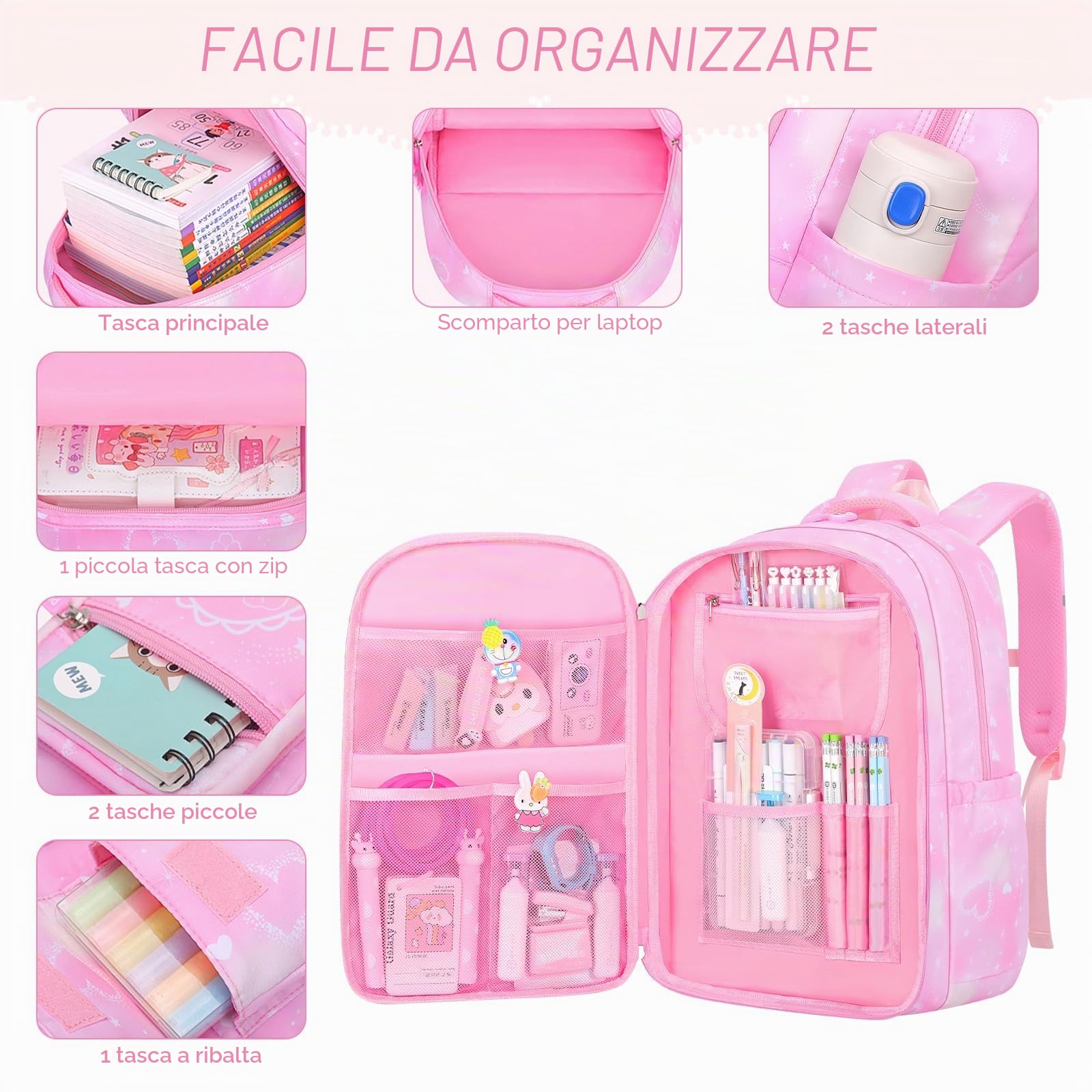 Amythe Zaino Scuola Elementare Bambina 3 Pezzi, Set Zaini Bambina Set 8-15 anni con Sacchetto per Pranzo e Astuccio per Matite, Kawaii Zainetto Ragazza, Rosa