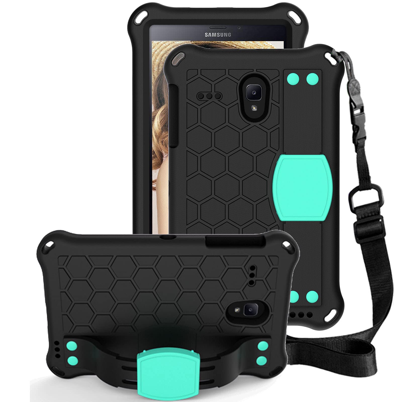 Universal 8 Inch Case for Samsung Galaxy Tab 8.0" -T330/T375/T377/T380/T385/T387, Cookk Heavy Duty Rugged Shockproof Case with Hand Strap, Kickstand, Carrying Shoulder Strap, Black+Aqua