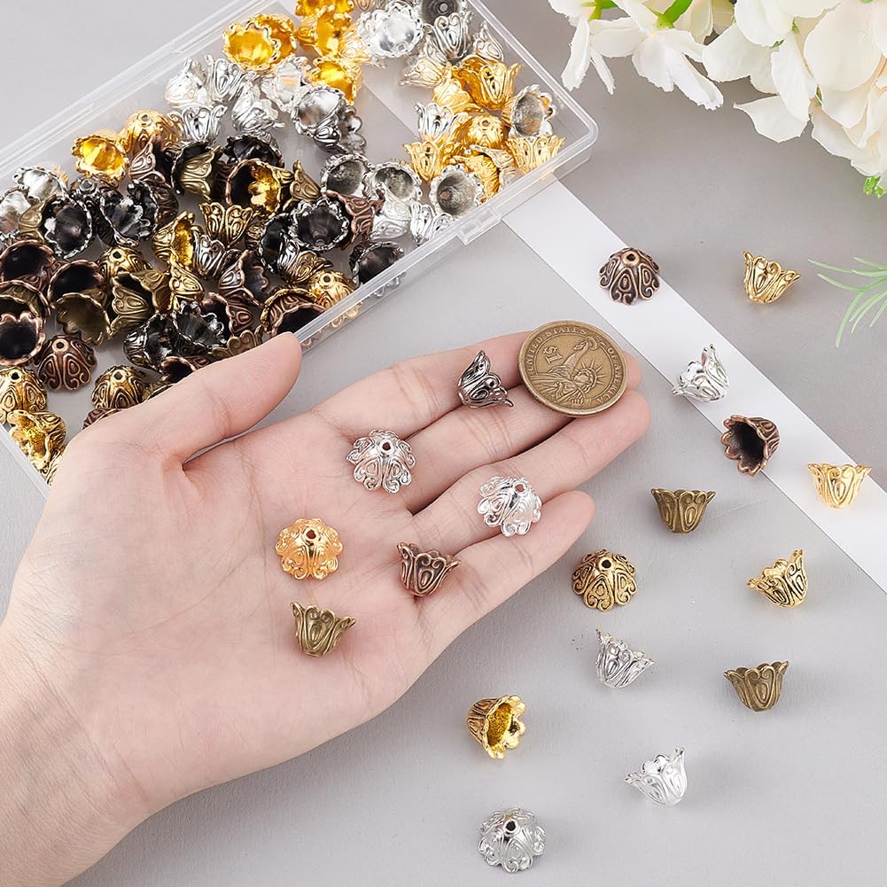PH PandaHall 112pcs 7 Colors Flower Bead Caps, 15x11mm Metal End Caps Tibetan Cone Bead Caps Tassel End Beadings Findings Spacer Beads Caps for Bracelet Necklace Earring Crafts DIY Jewelry Making