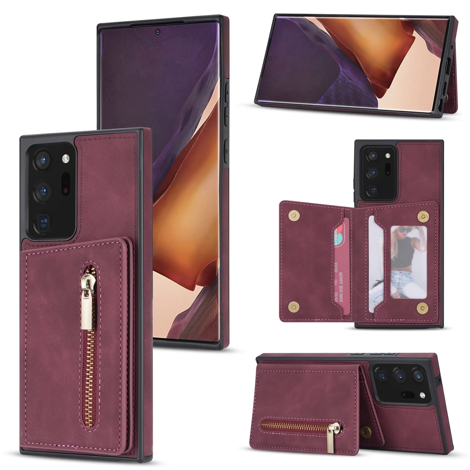 Custodia per Samsung Galaxy S22/S22+/S22 Ultra, Cerniera Custodia Portafoglio con Tasche Premium in Ecopelle Antiurto Cover Posteriore Flip TPU Protezione Case,Rosso,S22plus 6.55"