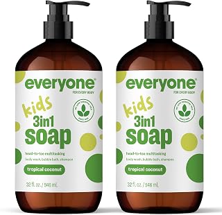 Everyone 3-in-1 Kids Soap: Body Wash, Bubble Bath & Shampoo - Tropical Coconut Essential Oils, 32oz Pack of 2 for Toddlers, Tweens, Teens