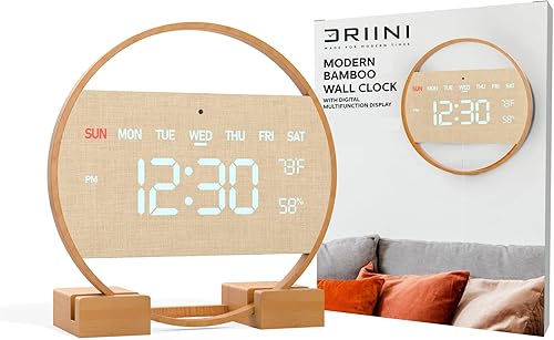 Driini Moderno reloj de pared digital grande  Madera de bambú con pantalla LED grande  Día de la semana, hora, temperatura y humedad  Reloj estético