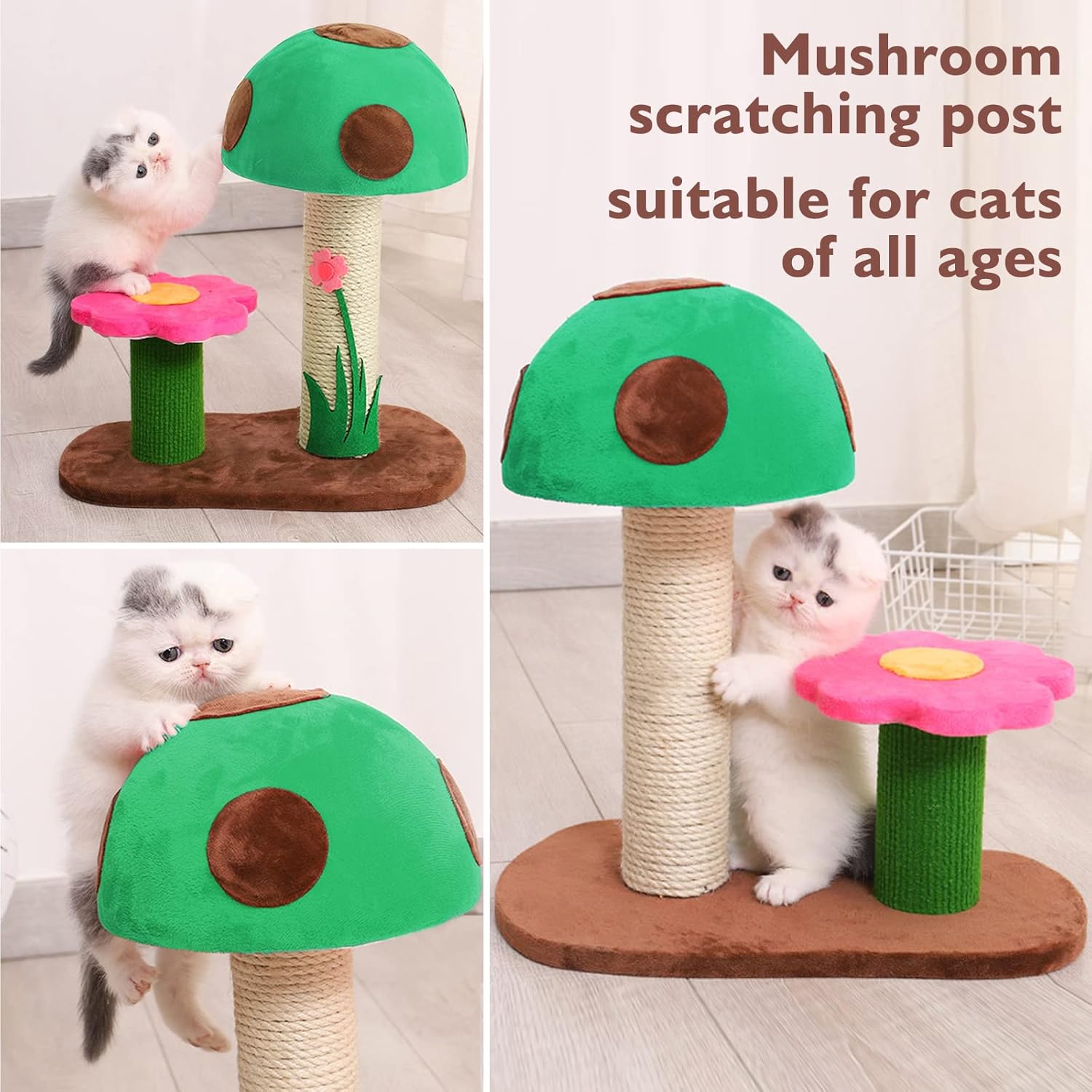 review Cat Scratching Post, Mushroom Claw Scratcher Small Cat Tree House Traning Interactive Toys for Indoor Kittens, Cats (Green)