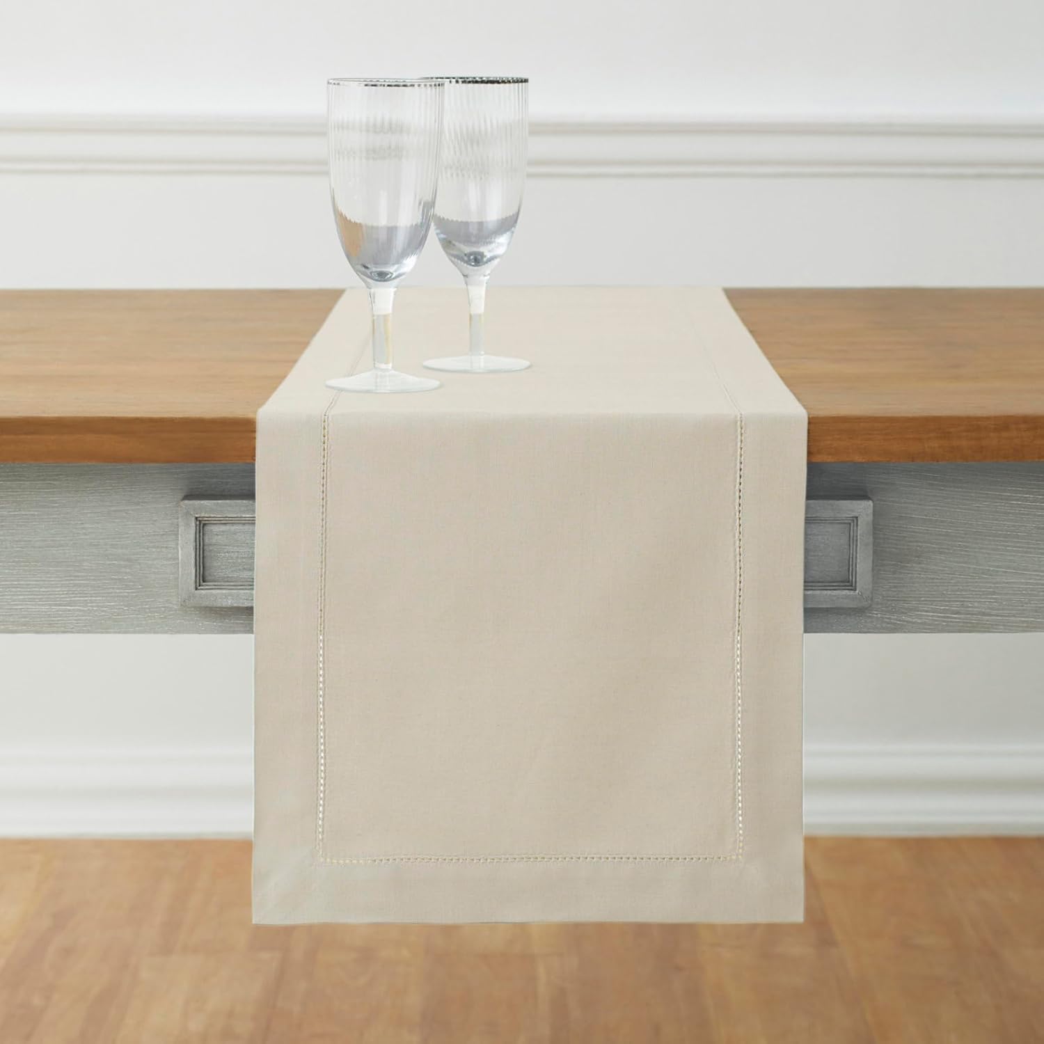 Solino Home Cotton Linen Table Runner 72 Inches Long - Hemstitch Linen Table Runner 14 x 72 Inch for Dresser, Dining, Spring, Easter, Mothers Day