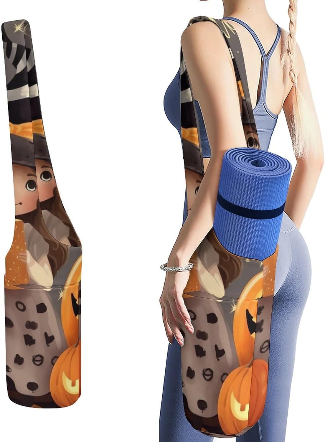 Canvas Yoga Mat Bag Happy-Halloween-Day-Trick-Or-Treat Printed Yoga Mat Storage Bag with Strap Large Capacity Gym Bag for Men Women Pilates Beach Travel