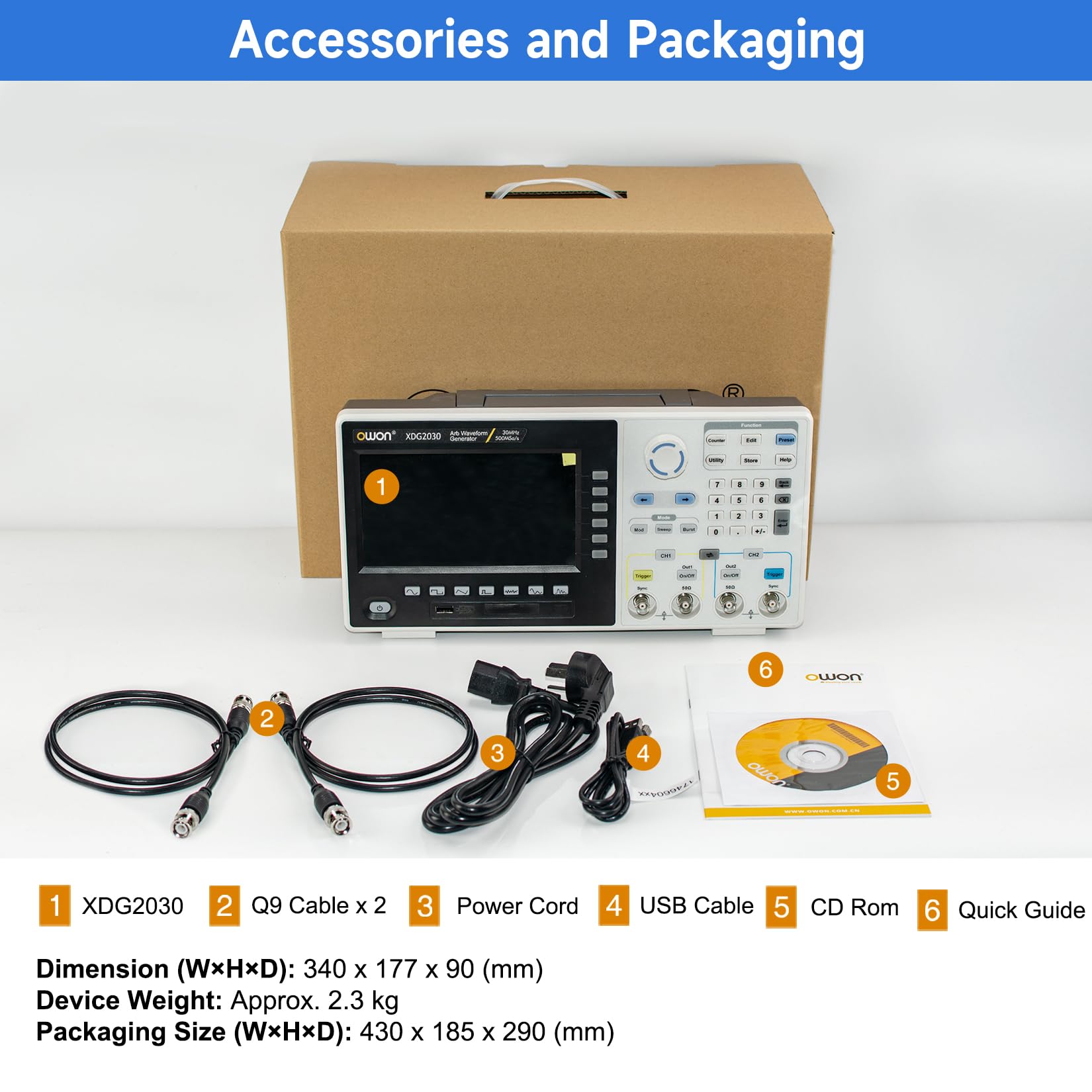 OWON Generador de Funciones de 2 Canales 30 MHz XDG2030, Generador de Forma de Onda Arbitraria, Resolución Vertical de 14 Bits, Velocidad de Muestreo de 500 MSa/s, Generador de Señal con Pantalla LCD