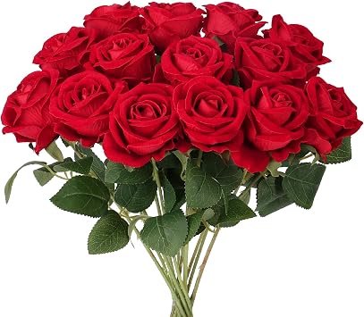 Auihiay 14PCS Red Roses Artificial Flowers, Fake Red Roses Bouquet | Long Stems for Halloween, Romantic Valentines Day, Anniversary, Wedding & Home Decoration