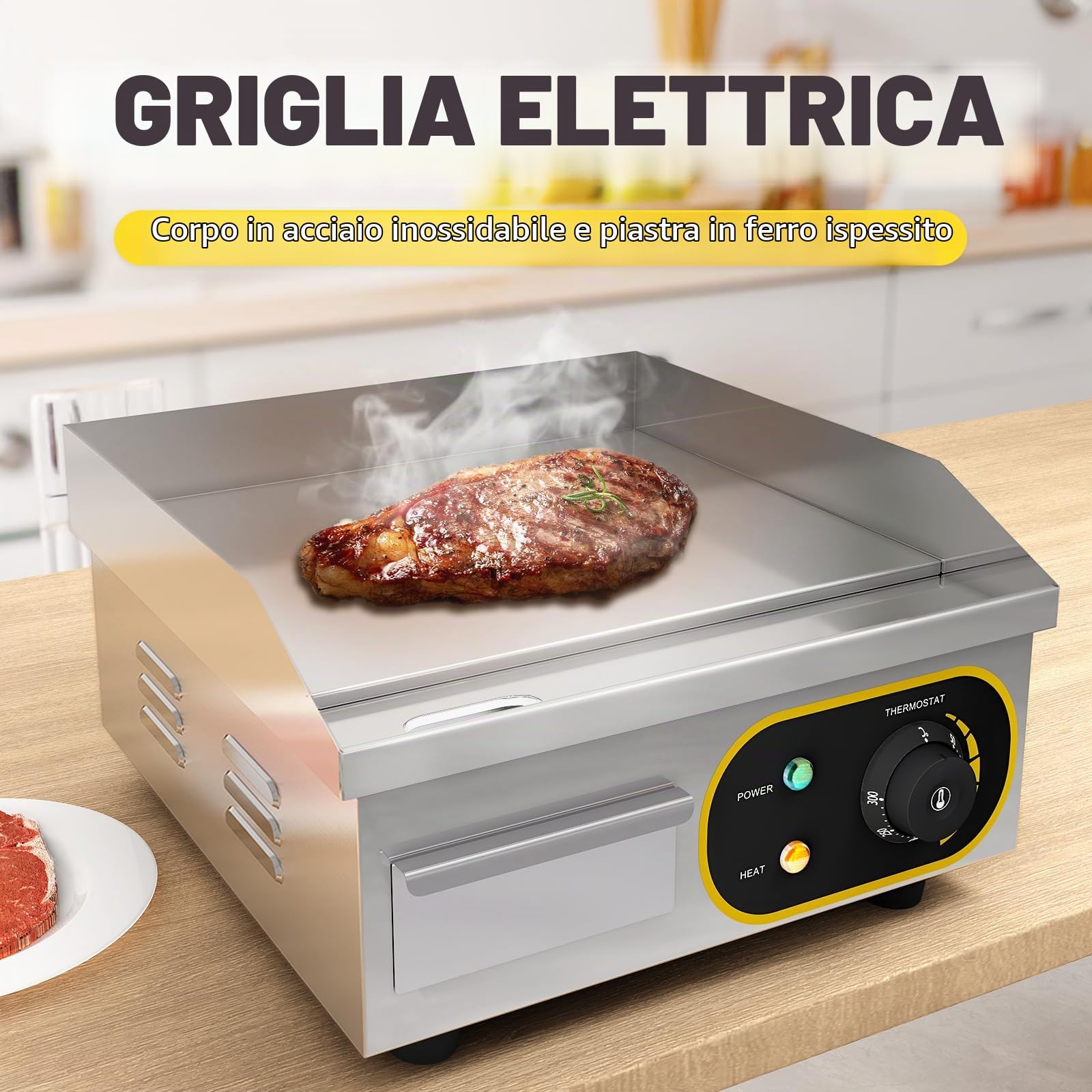 Piastra Griglia elettrica commerciale in acciaio inossidabile per ristoranti luoghi pubblici e barbecue 1500 W 35.50CM con controllo della temperatura regolabile 50~300 ℃