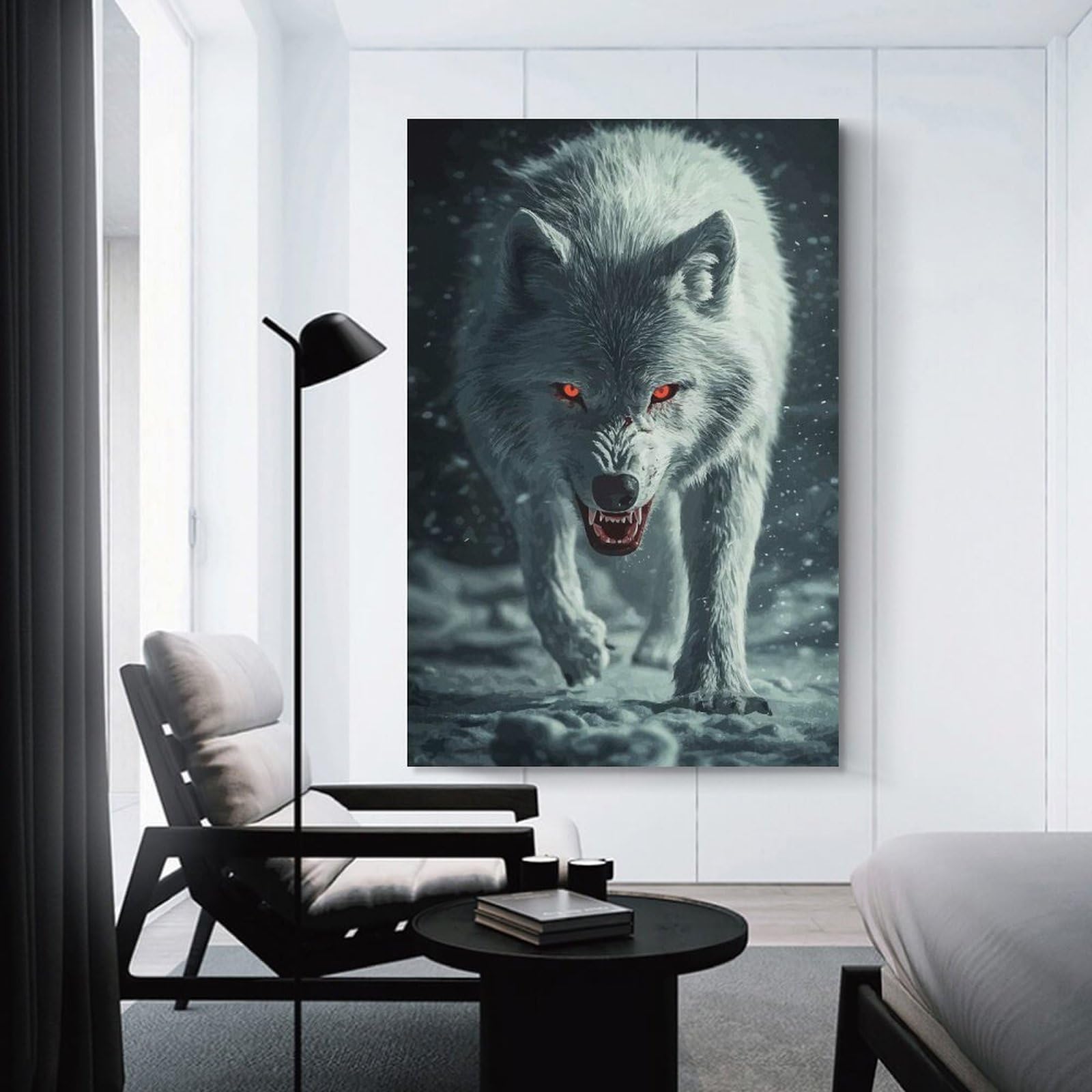 Junmoney White Wolf with Red Eyes Wall Decor Canvas Print 08x12inch(20x30cm), for Lounge, Study, Hallway Or Flat Walls, Decorative Artwork with Broad Appeal