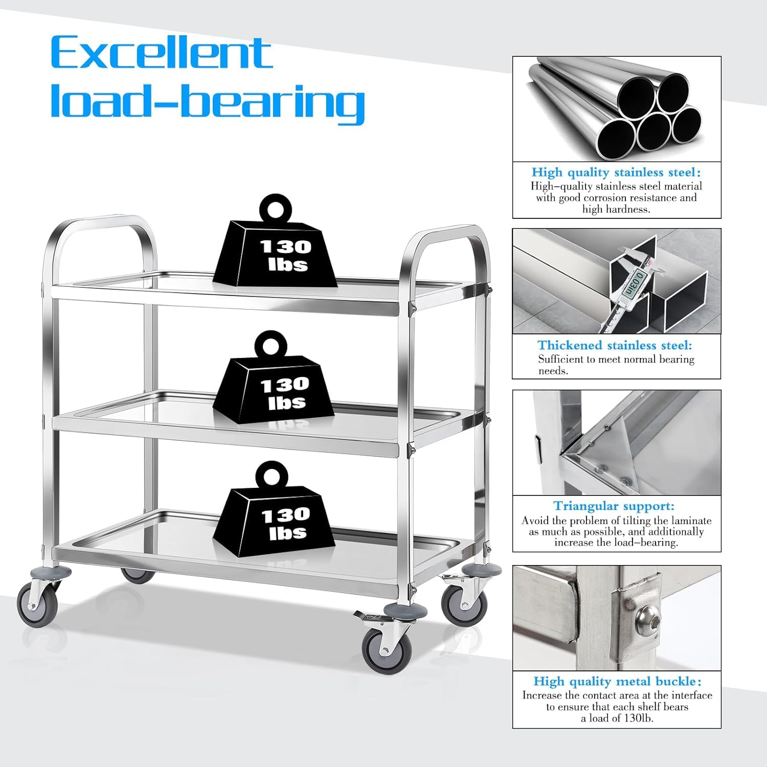 Generisch Carrello da servizio, 75 x 40 x 83,5 cm, in acciaio inox, con 4 ruote girevoli a 360°, per ristorante, cucina o hotel