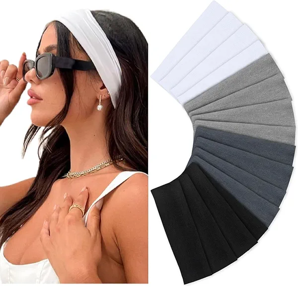 Headbands for Women Non Slip 16 Pack Elastic Sports Hair Bands for Women, Soft Cotton Cloth Headband for Workout Yoga Fashion Hair Accessories, Black White Gray Trendy Head Bands