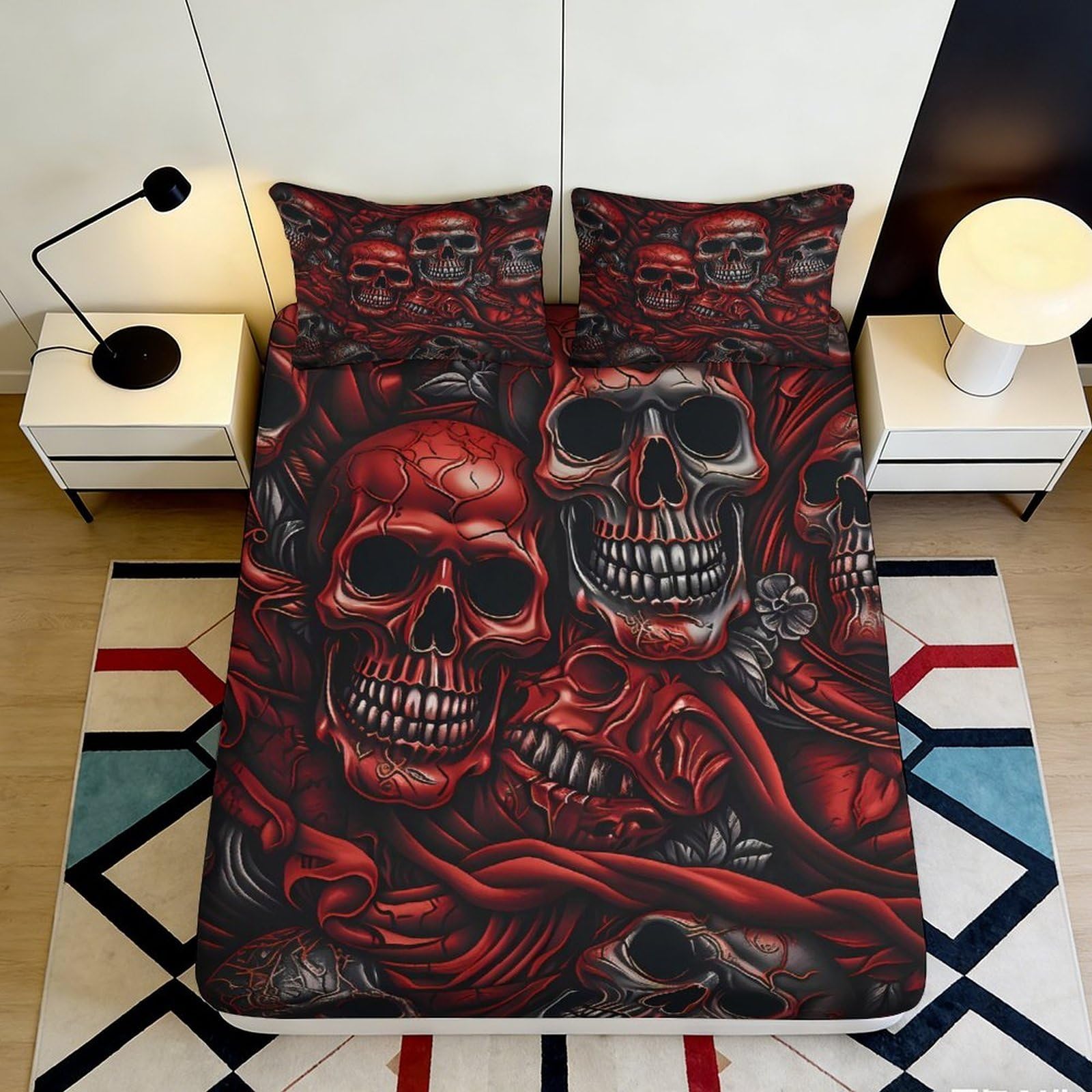 3D Printed Red Skull Fitted Sheet Microfiber Soft Gothic Skeleton Mattress Cover for Bedroom Guest Room Decor 90x200x25cm