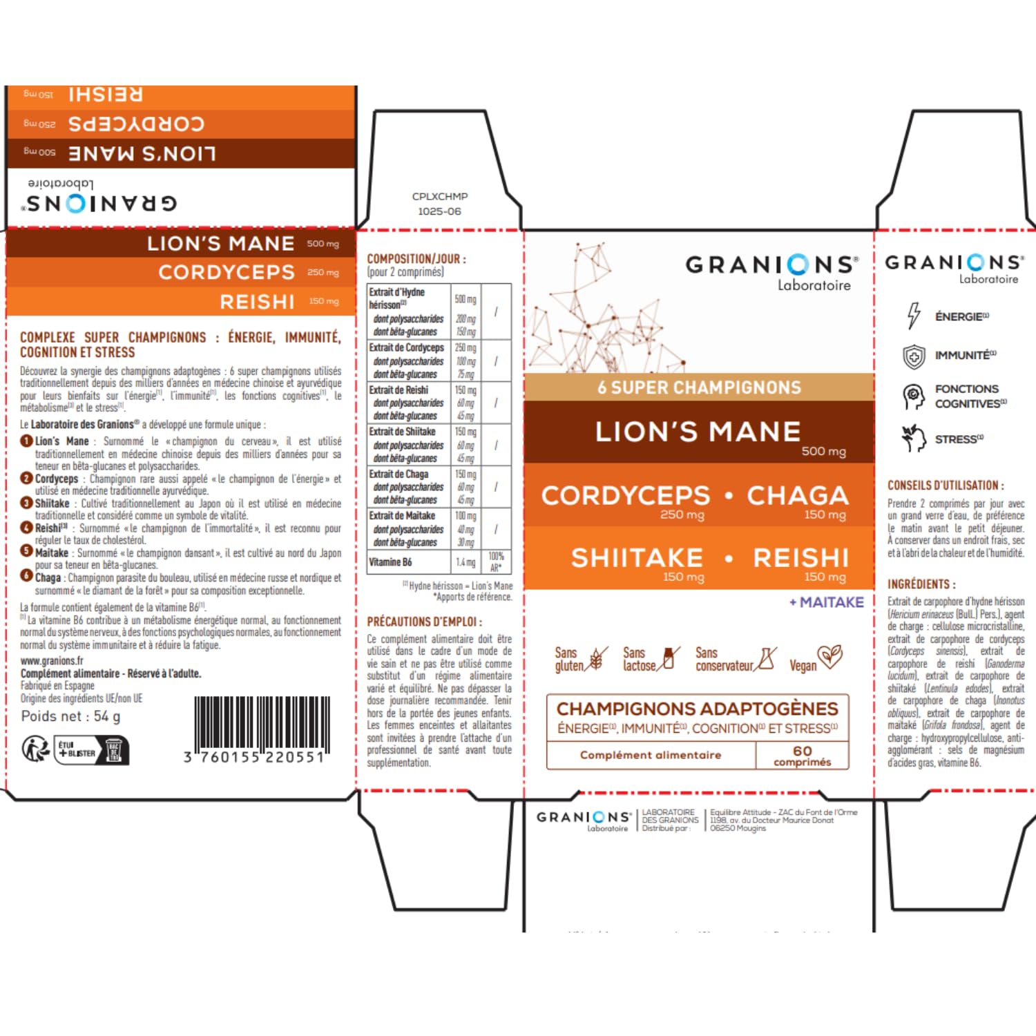 GRANIONS – Complexe Super Champignons Adaptogenes – LIONS MANE + CHAMPIGNONS CORDYCEPS + reishi + chaga + shiitake + maitake – energie immunite cognition stress – vegan 60 comprimes – 1 MOIS