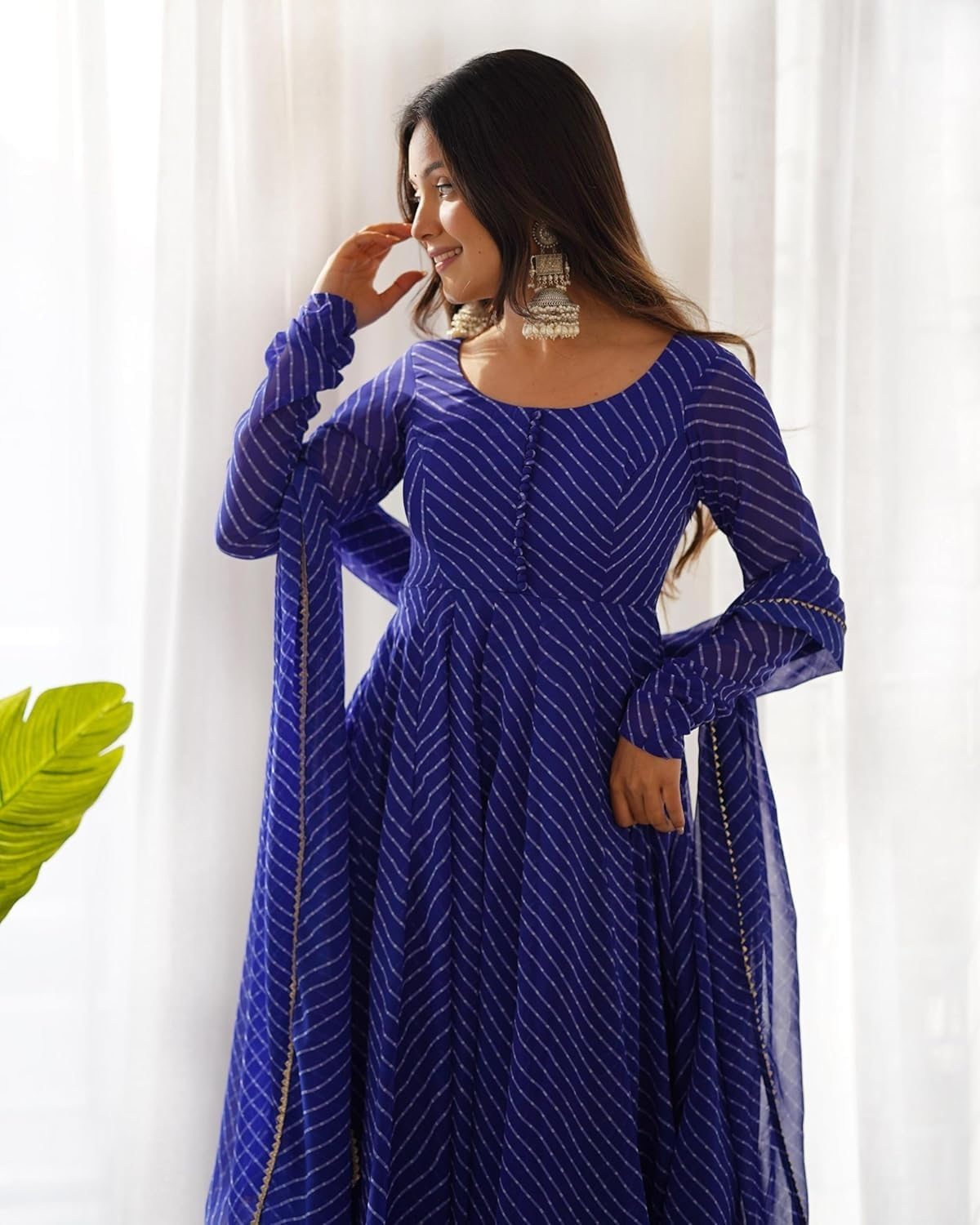 7 HORSE Women Blue Weightless Striped Anarkali Kurta Set with Pants & Dupatta | 3-Piece Suit
