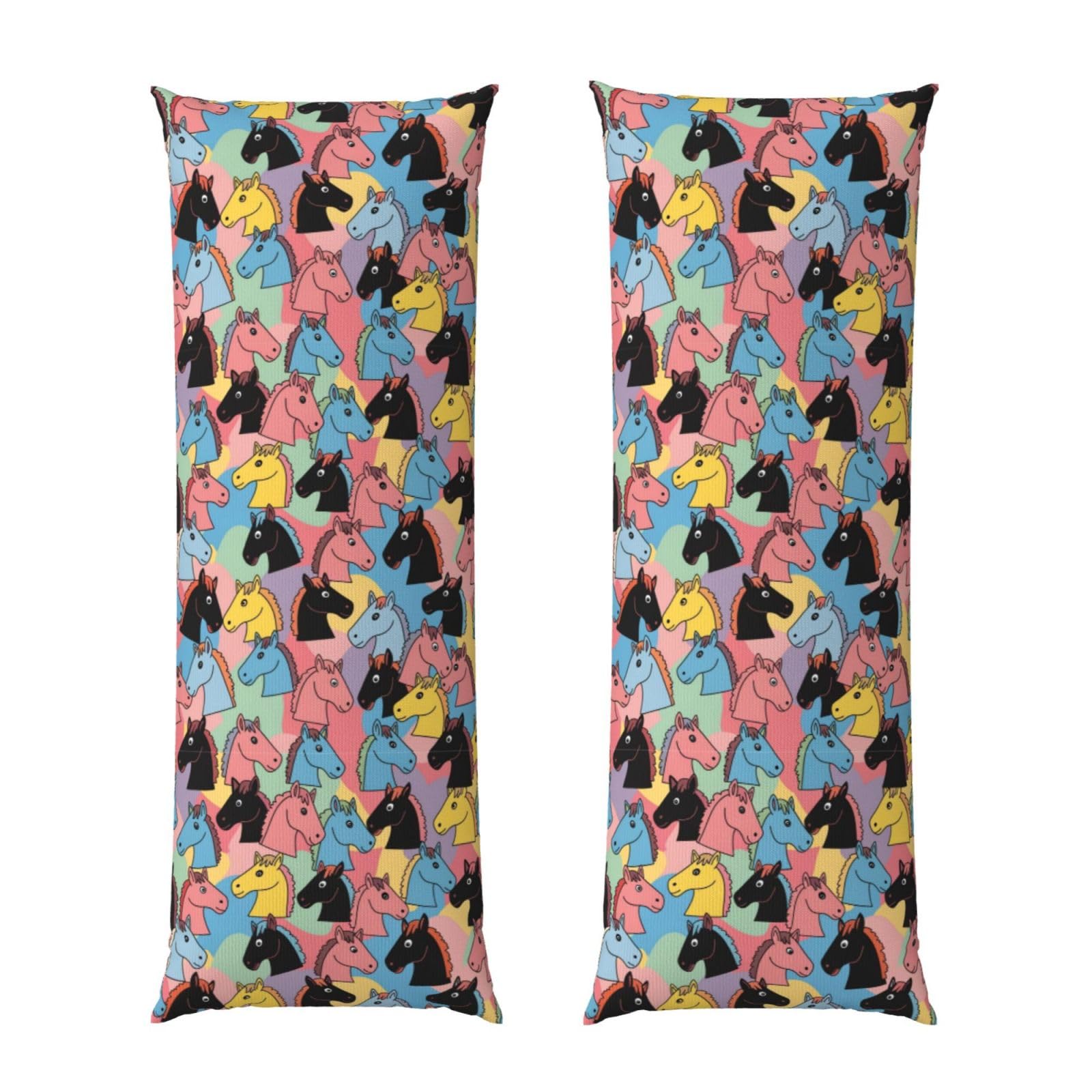 Long Pillowcase 20x54, Colourful Cartoon Horses, Soft Velvet Pillow Cover with Hidden Zipper, Plush Cushion Protector for Bedroom Sofa Couch Sleeping