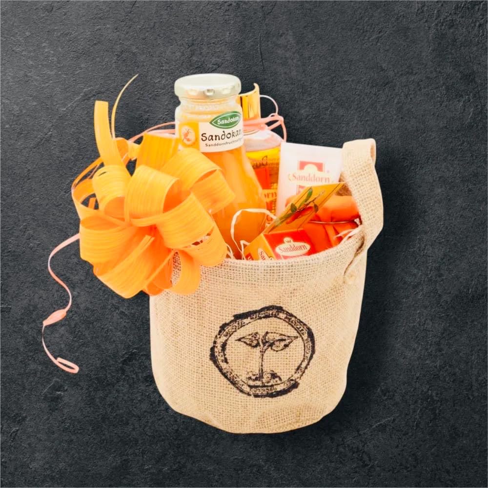 Kleiner Sanddornkorb | Geschenkkorb mit gesunden Köstlichkeiten | Ideal als Genesungsgeschenk | Hochwertige Präsente liebevoll verpackt | Fertig zum Verschenken