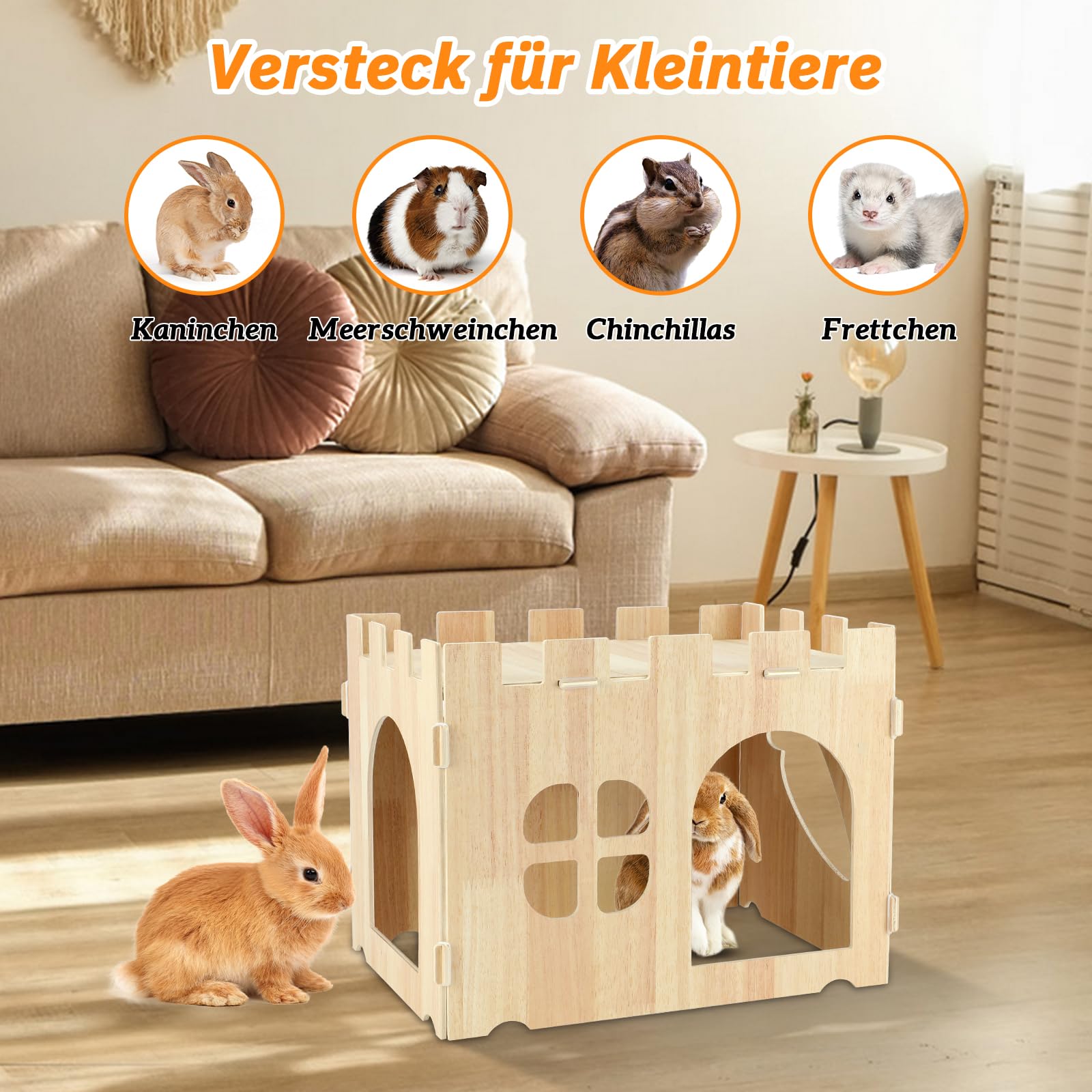 Großes Kaninchenhaus und Verstecke Hölzernes Kaninchen Versteck Schloss Abnehmbares Kaninchen Spielhaus für Indoor erwachsenes Bunny Meerschweinchen Chinchilla Habitat