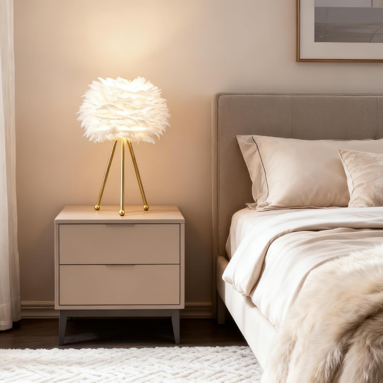 Maxax Feather Table Lamps Set of 2 for Living Room, 19" Brass Gold Bedside Lamps with White Feather Shade, Tripod Nightstand Lamp for Bedroom, Girl Room