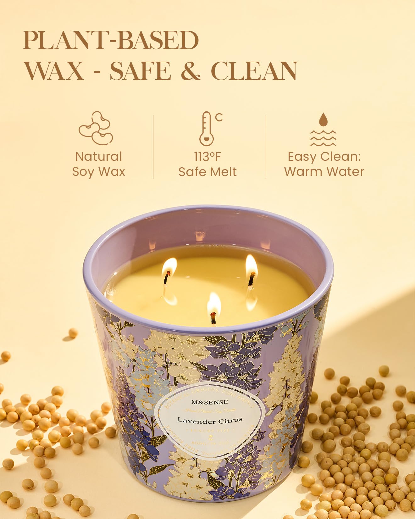 M&SENSE Vela perfumada de cítricos de lavanda, 800 g, cera de soja natural de 3 mechas, vela grande, larga duración, limpia, combustión lenta, sin toxinas, decoración para el hogar, relajación, citas