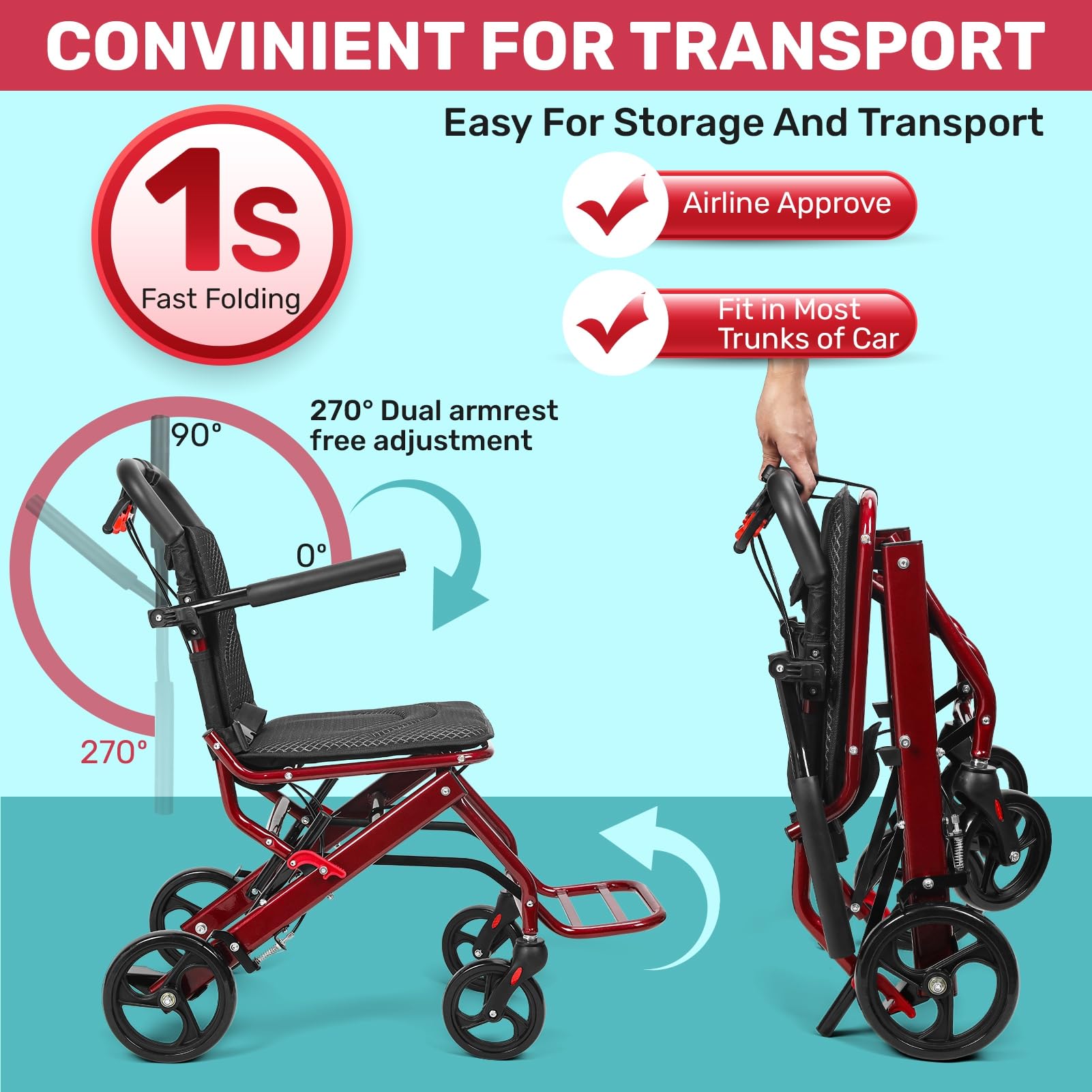 Składany wózek inwalidzki transportowy, lekki podróżny wózek inwalidzki 8,4 kg, lekki składany wózek inwalidzki, kompaktowy, aluminiowy fotel mobilności z hamulcami bezpieczeństwa, hamulcami ręcznymi