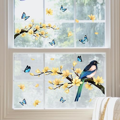 Miniatura 3 de Adhesivos para ventana de flores, pájaros, mariposas, ventanas, primavera, verano, bricolaje, ramas de árboles, calcomanías de doble cara,