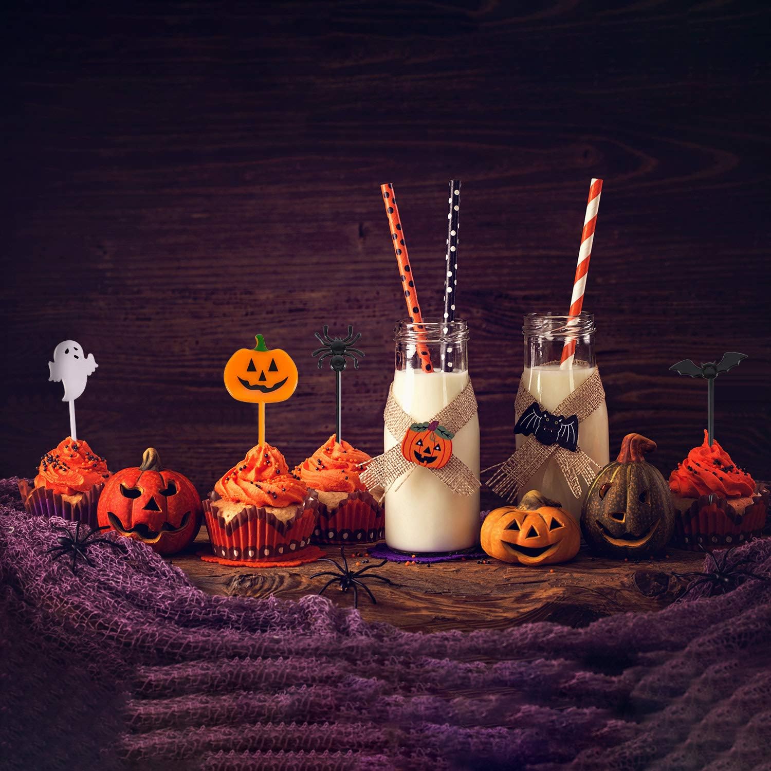 Topper Per Cupcake Halloween - 50 Pezzi, 5 Design (Fantasma, Zucca, Teschio), Plastica Atossica