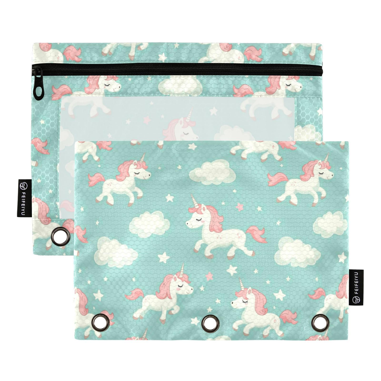 Binder Pouches,Cute Cartoon Unicorn Pencil Pouch for 3 Ring Binder 2 Pack Clear Pencil Bag with Zipper for Office School Supplies