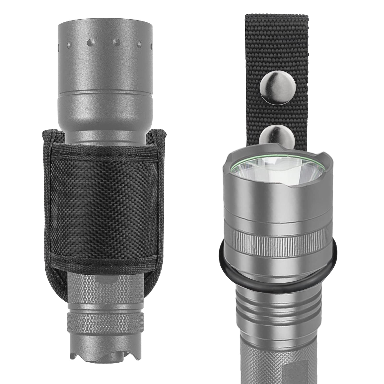 Flashlight Holster for Duty Belt, Flash Light Holder Set Open Top Compact Ligh Case and Dual Snap Clip Flashlight Ring Nylon Set UIInosoo for D/C Cell Flashlight