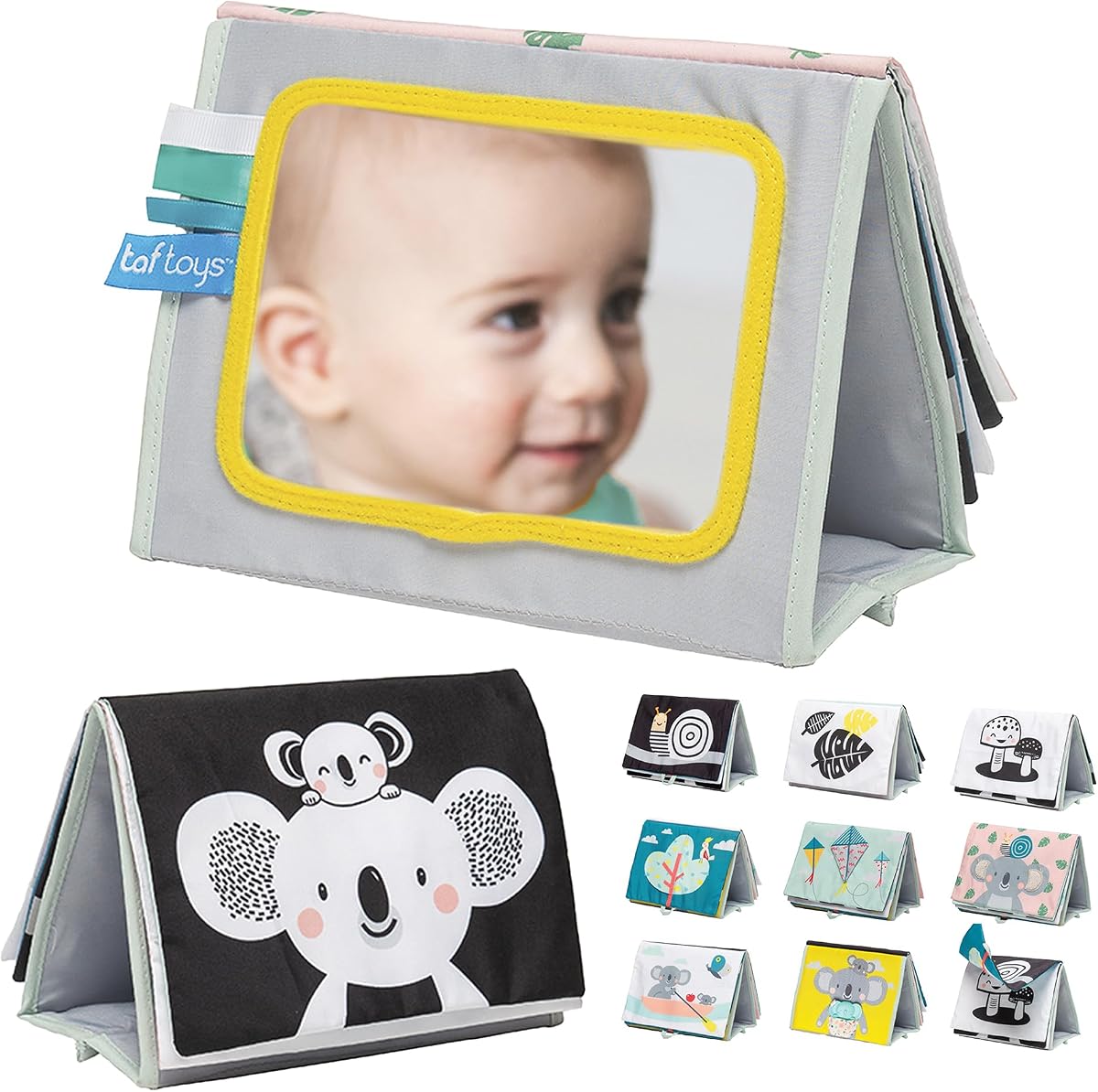 Taf Toys Tummy Time Baby Mirror Libro suave para bebé con espejo y mordedor - Juguetes para el tiempo boca abajo 0-6 meses - Juguetes para recién nacidos de alto contraste - Ideal para juegos sensoriales - Regalo perfecto para niños y niñas de 0-3 años