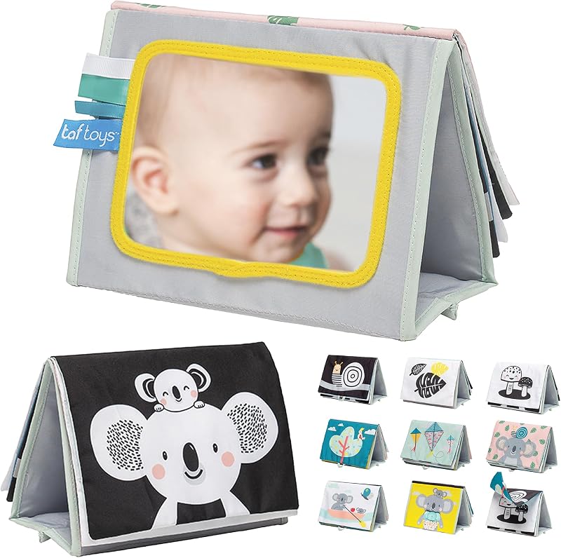 Taf Toys Tummy Time Baby Mirror Libro suave para bebé con espejo y mordedor - Juguetes para el tiempo boca abajo 0-6 meses - Juguetes para recién nacidos de alto contraste - Ideal para juegos sensoriales - Regalo perfecto para niños y niñas de 0-3 años