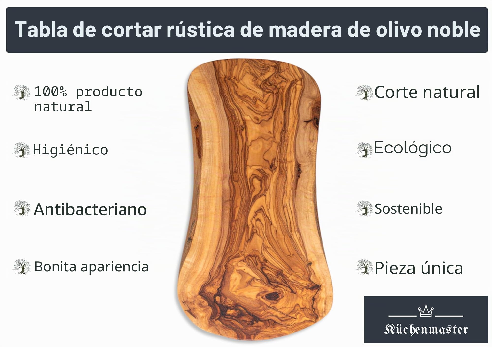 Küchenmaster - Tabla de cortar de madera de olivo (38 cm, corte natural)