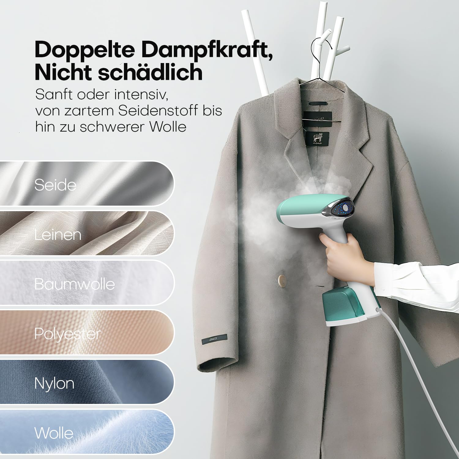 AROEVE Steamer Dampfglätter, 1500W Hand Dampfbürste mit 365ml Wassertank, 2 Dampfmodi, Schnelle Erwärmung, bis zu 30 g/min Dampf, Tragbarer und kompakter Faltenentferner für Zuhause, Büro und Reisen