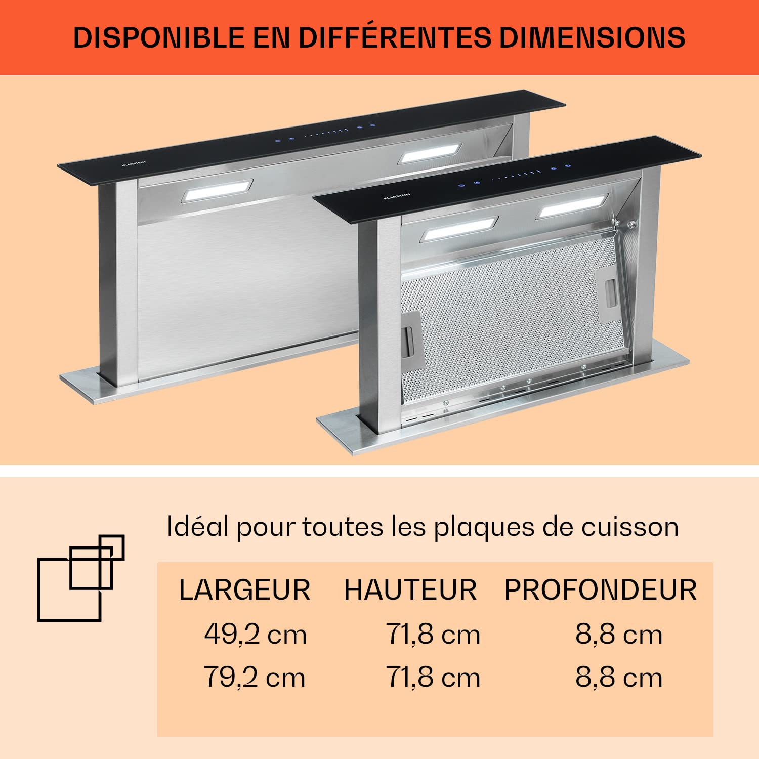 Klarstein Downdraft Hotte Aspirante, Encastrable et Silencieuse pour Cuisine, Débit d'Air 485m³/h, Filtres Inclus, 4 Modes de Ventilation, Mode Recirculation en Option, Minuterie, Sans Evacuation