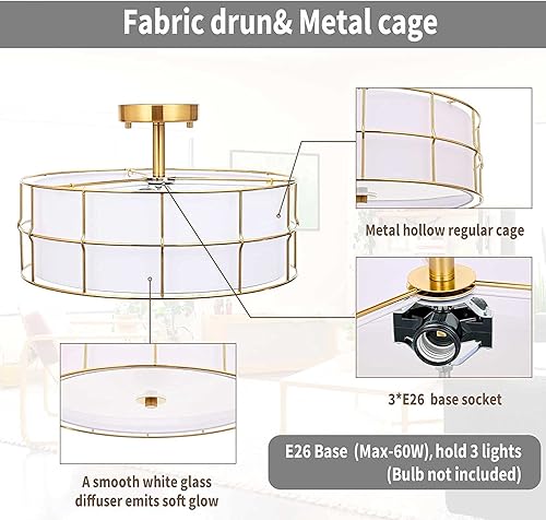 Miniatura 5 de Ludil 16" Semi Flush Mount Ceiling Light Fixture, 3-Light Gold Metal Mesh Drum Ceiling Light, Modern Close to Ceiling Light Fixtures with White