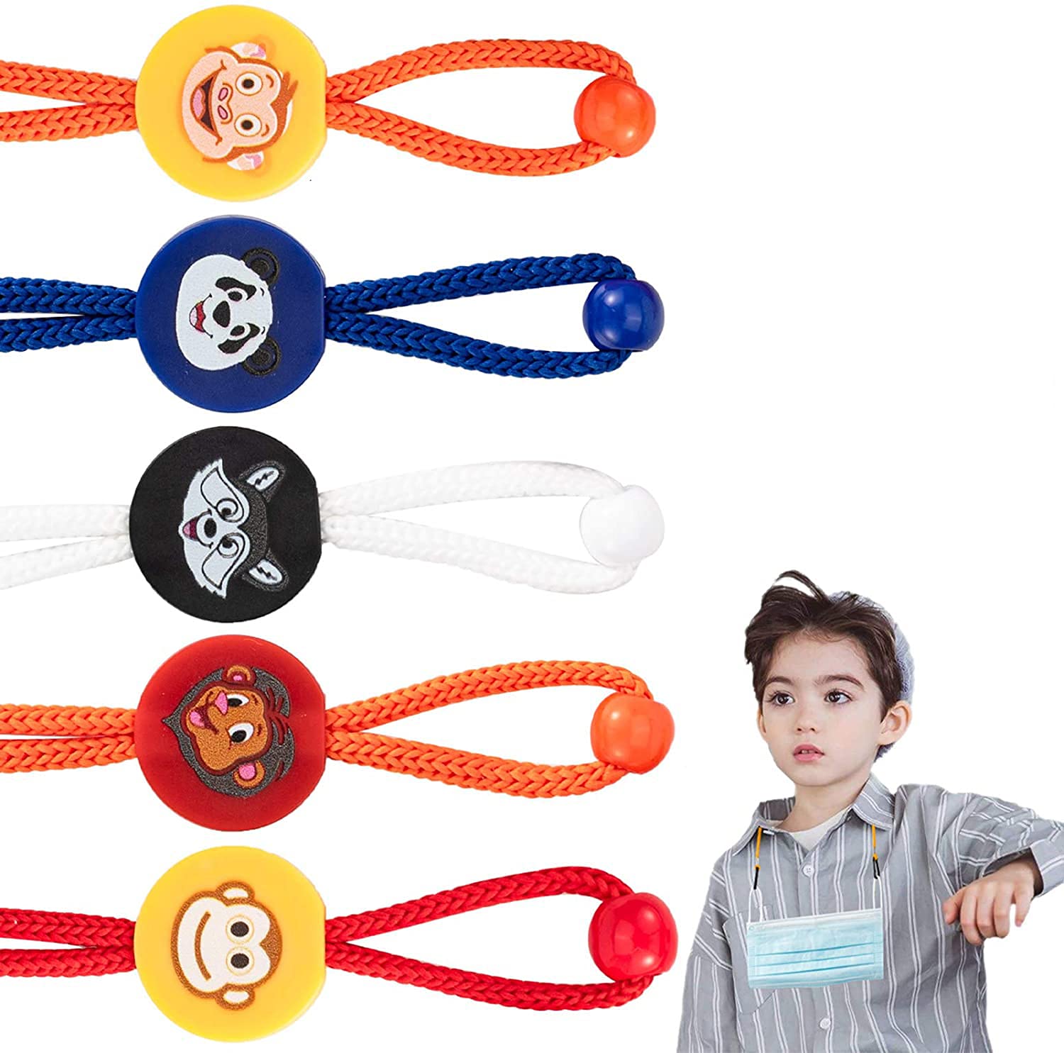 DELFINO Lanyard for Facemask, Adjustable Kids Cartoon Lanyard with Clips and Adjustable Stopper, Glasses Lanyard, Facemask Holders Extender for School Outdoor Sanitary Strap(5Pcs Multicolored)