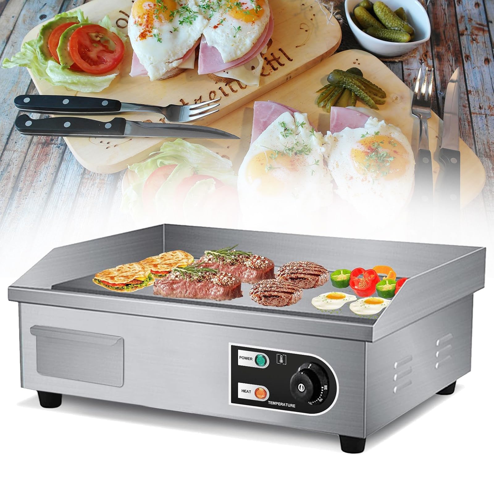 Piastra elettrica da 22", Piastra Teppanyaki per Ristorante Commerciale Antiaderente, Acciaio Inossidabile, Controllo della Temperatura Regolabile 0~300℃, per Verdure, Bistecca, Pancake, Uova