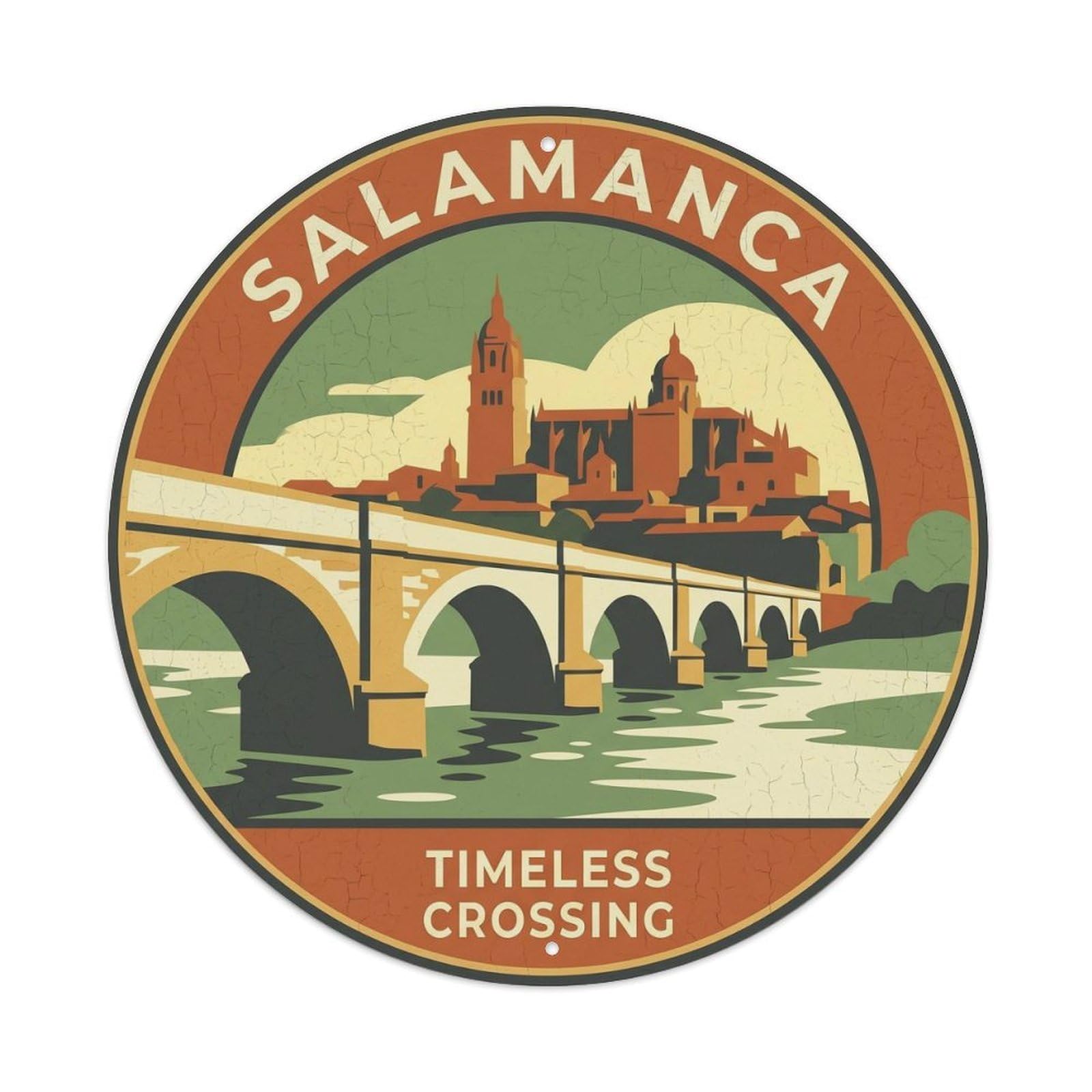 Vintage Travel Salamanca Bridge Tormes Metal Tin Sign Plaque Wall Decor for Cafe, Club, Garden Round Metal Poster 8x8Inch