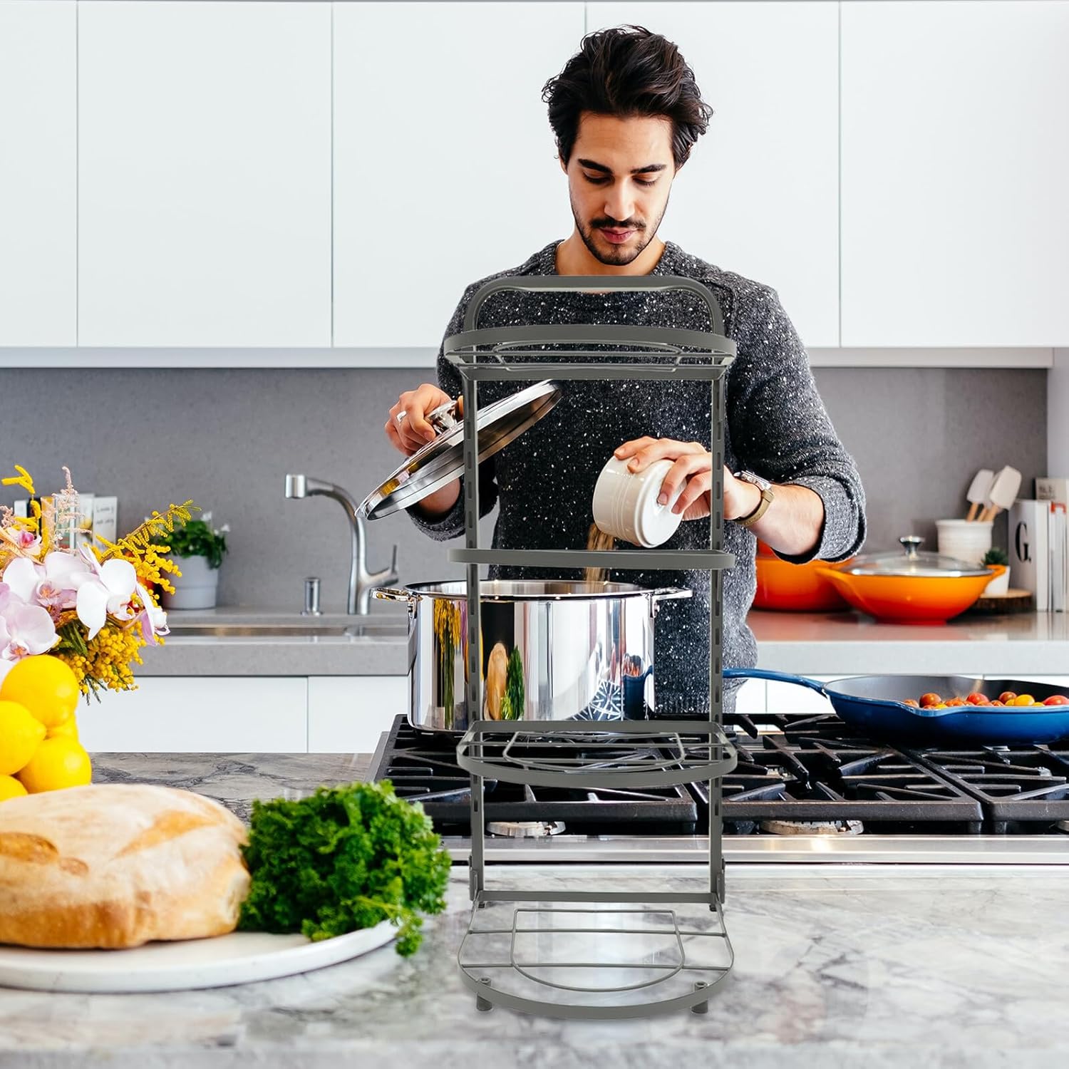Angoily Foldable Multi-layer Pan Organizer Heavy Duty Pot Rack for Kitchen Cabinet Countertop Storage Space-saving Design Fits Under Sink Multipurpose Holder for Pots Pans Steamers and