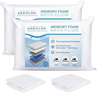 Mediflow Water Pillow Memory Foam re-Invented with Waterbase Technology - Clinically Proven to Reduce Neck Pain & Improve Sleep Quality. (Two Pillows, Two Pillow Protectors)