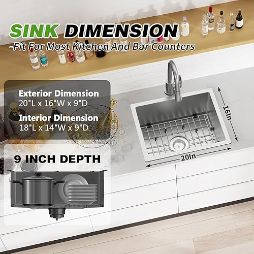 Miniatura 26 de Fregadero negro de cocina y bar, fregadero de cocina de acero inoxidable de 20 x 16 pulgadas, moderno fregadero de barra de montaje en la parte