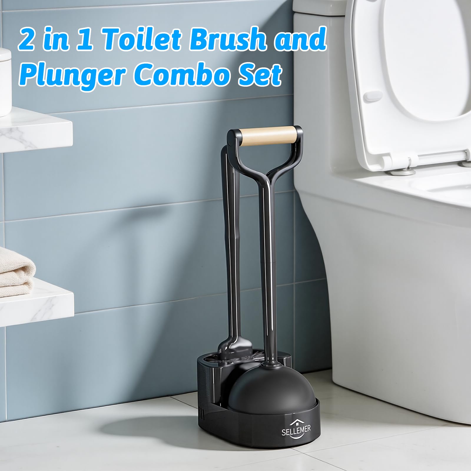 Sellemer Toilet Brush and Plunger Set, Curved Design Head for Deep Cleaning, Heavy Duty Toilet Bowl Brush and Plunger Combo with Holder for Bathroom Cleaning, Black, 2 Pack — view 7