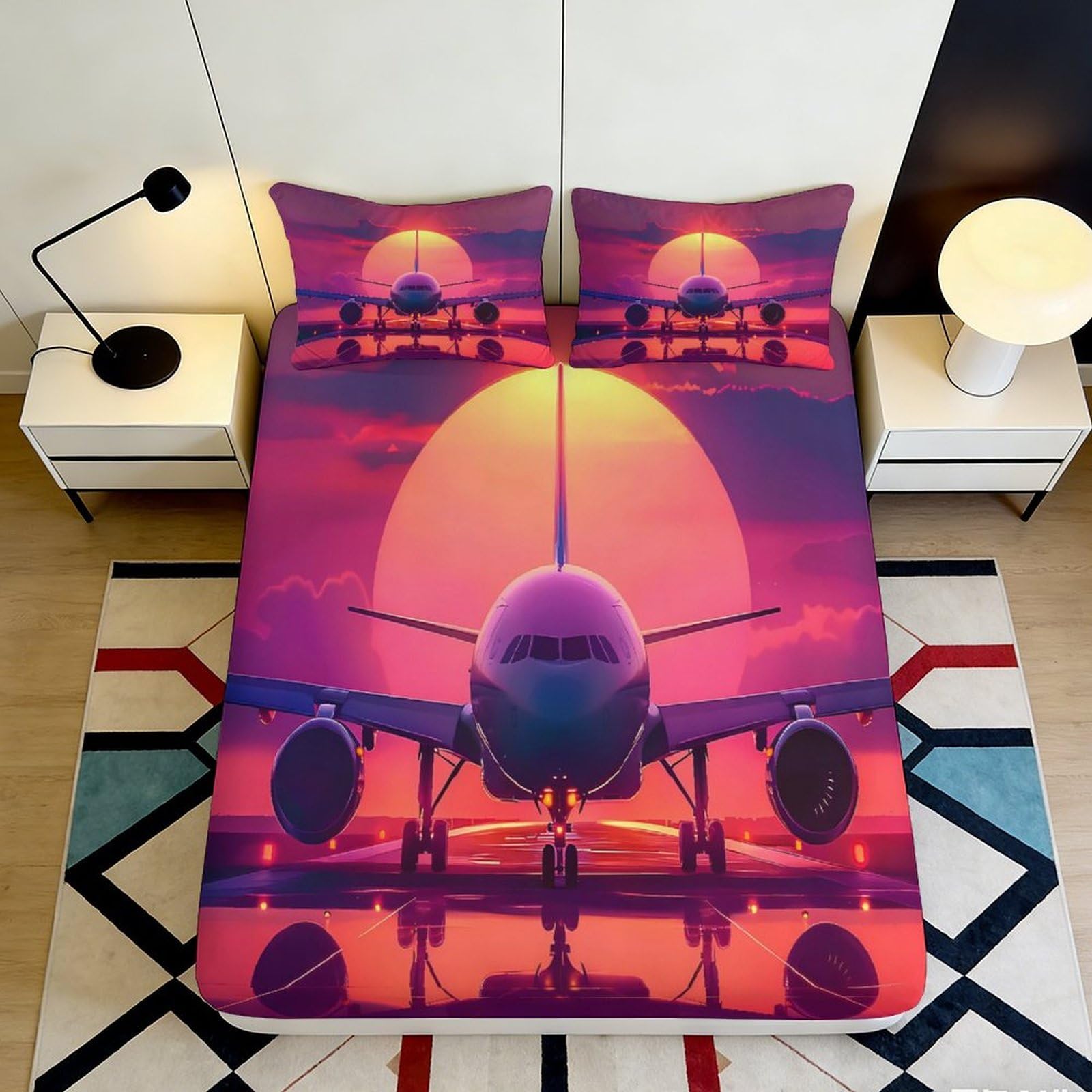 Dhbaneiok Style-10 3D Printed Sunset Airplane Fitted Sheet Microfiber Soft Breathable Sunrise Plane Mattress Cover For Bedroom Dorm Decor 90X200x25cm