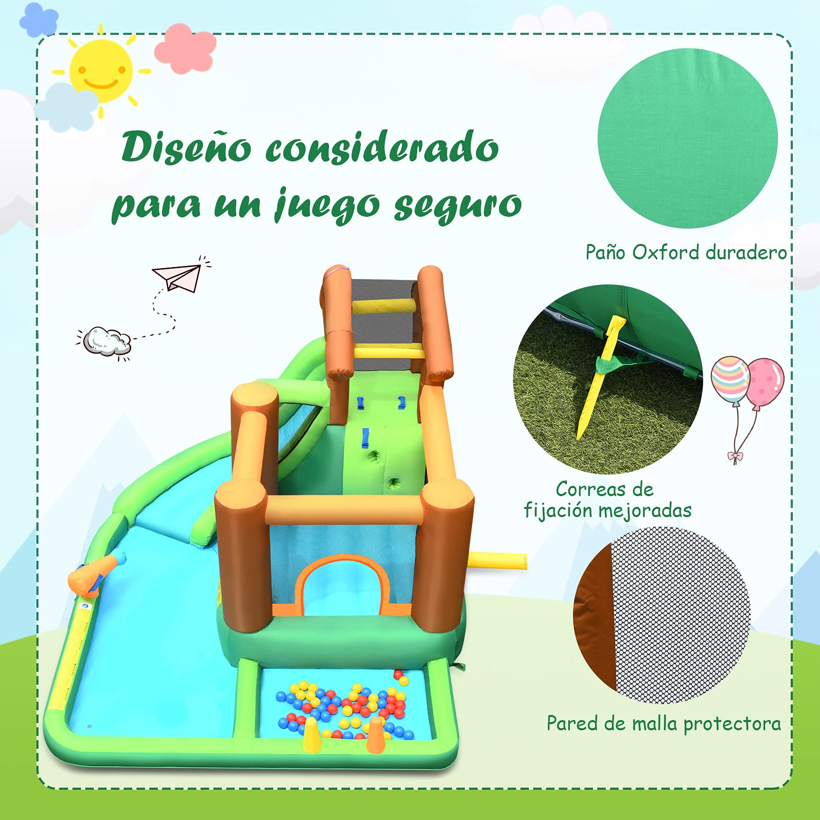COSTWAY Parque Acuático Inflable con Tobogán, Tobogán Inflable en Tejido Oxford con Piscina Pared para Escalar Hidrante de Agua Casita Piscina con Pelotas, con Compresor