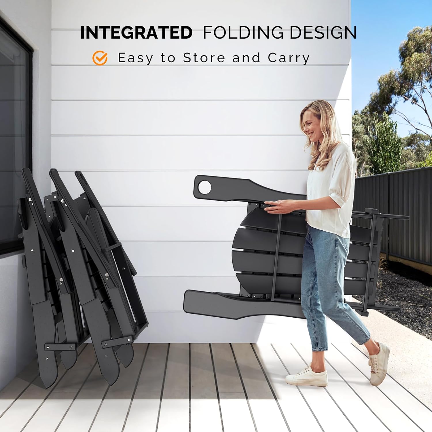 VINGLI Folding Adirondack Chair Set of 2 with Ottoman, Waterproof Plastic HDPE Firepit Chair for Outside with Hidden Footrests, Foldable Ergonomics Seating for Patio Porch Yard Garden(Black)