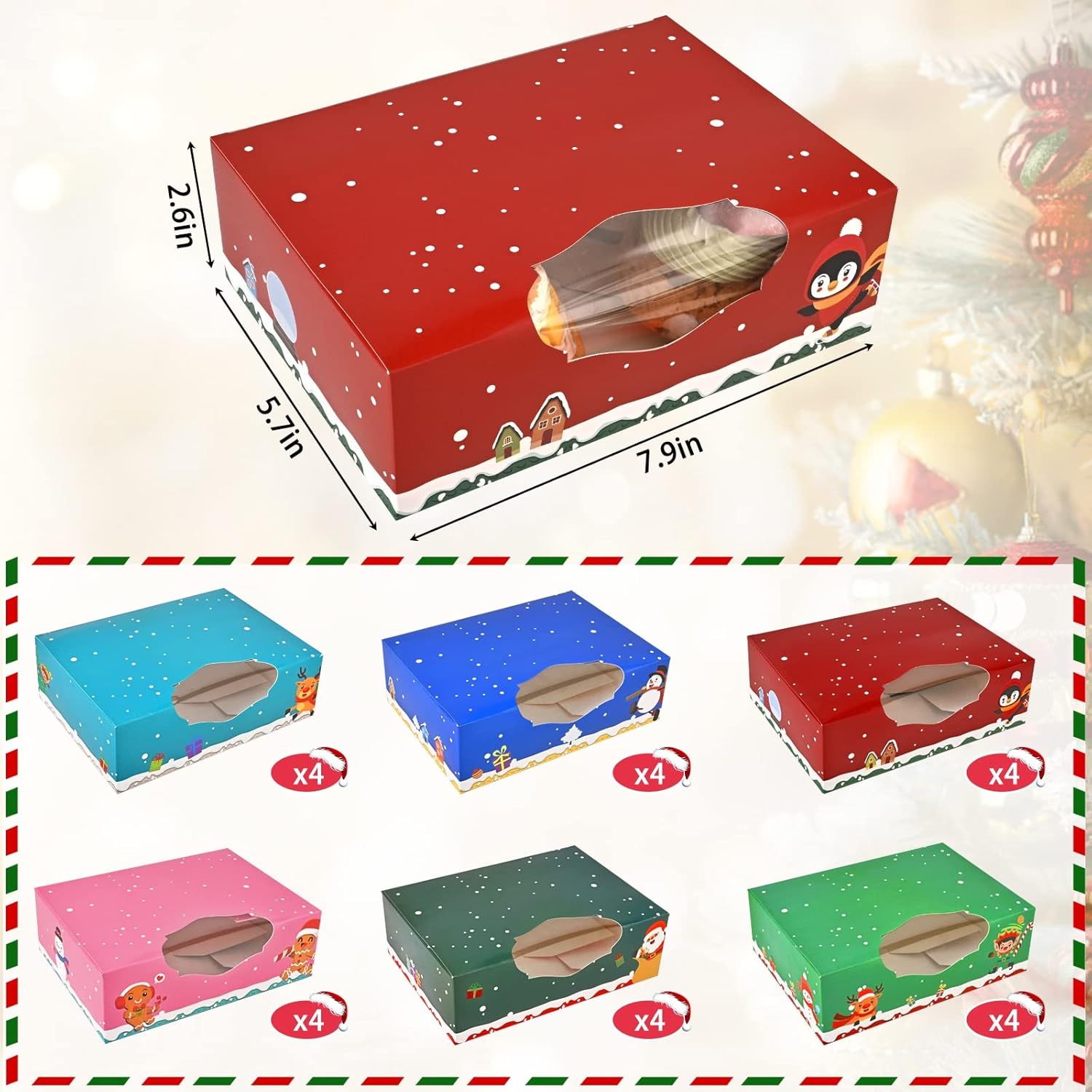Uptotop Christmas Cookie Boxes, 24 Pcs Christmas Party Boxes with 6 Different Designs and Color, Xmas Bakery Pastry Boxes for Pastries, Cupcakes, Brownies, Donuts, 8" x 4" x 3": Industrial & Scientific