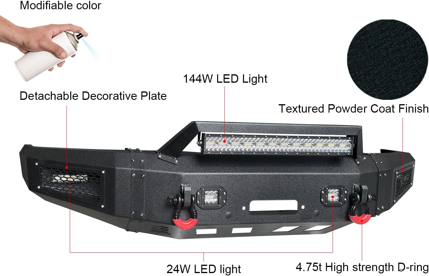 Front Bumper Compatible with 1992 1993 1994 1995 1996 1997 Ford F150/F250/F350/F450 (w/Winch Plate & 5 LED Lights & 2 D-Rings)